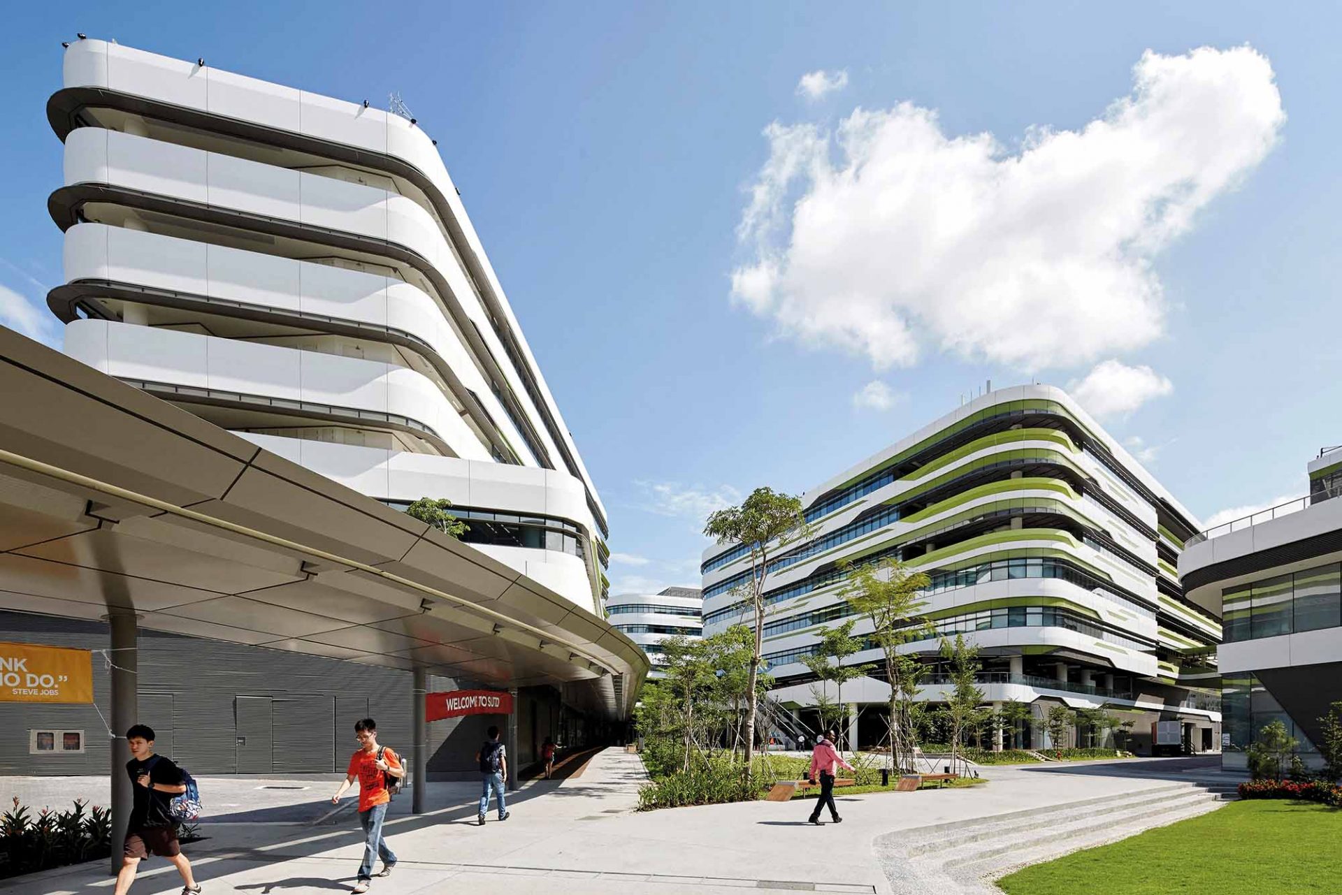 Approach Towards Campus With Landscaping. Singapore University Of Technology And Design, Singapore, Singapore. Architect: UNStudio, 2015.